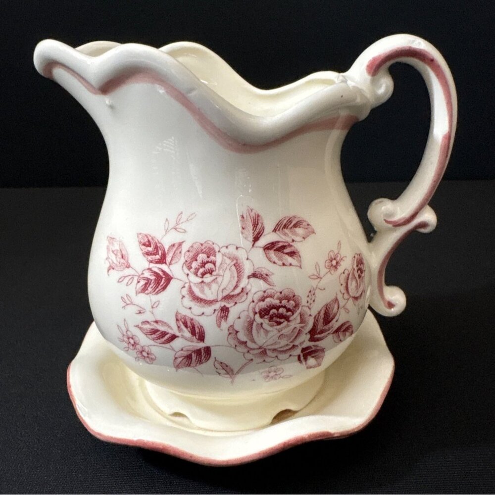 White Japanese Ceramic Pitcher Pink Floral Design Matching Saucer Plate Creamer - Picture 2 of 9